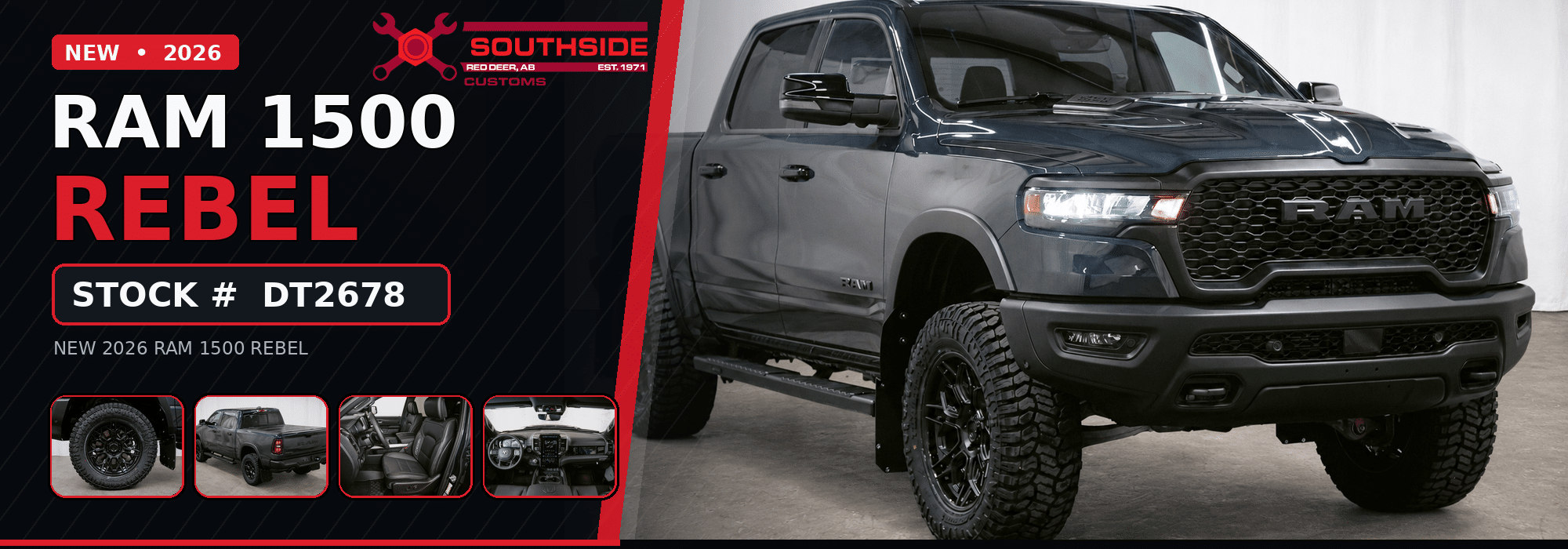 New 2026 RAM 1500 Rebel truck showcased by Southside Customs, stock #DT2678, emphasizing design features.