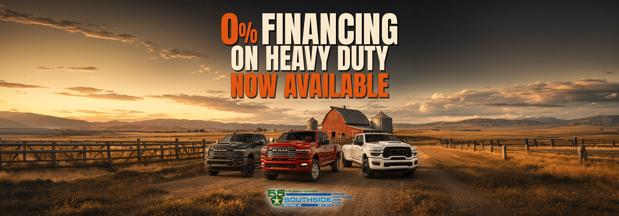 Three trucks in a farm setting with a barn at sunset, promoting 0% financing on heavy-duty vehicles.