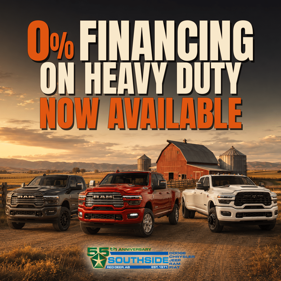 0% financing on heavy-duty trucks now available at Southside Dodge, featuring RAM vehicles in a farm setting.