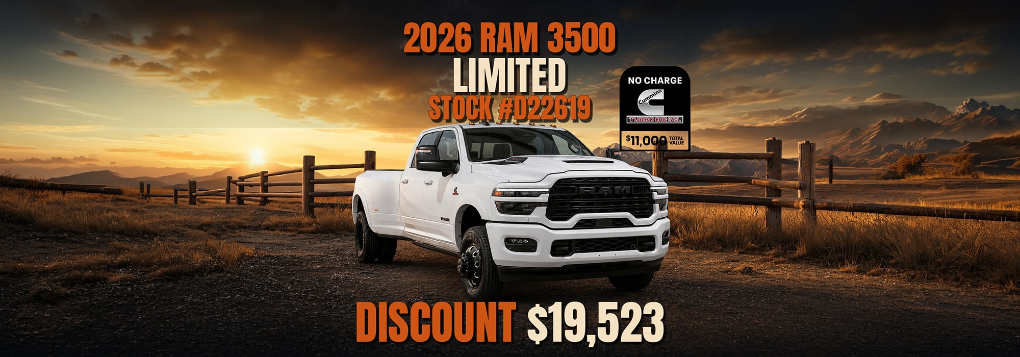 2026 RAM 3500 Limited truck ad with $19,523 discount offer, set in a scenic sunset landscape.
