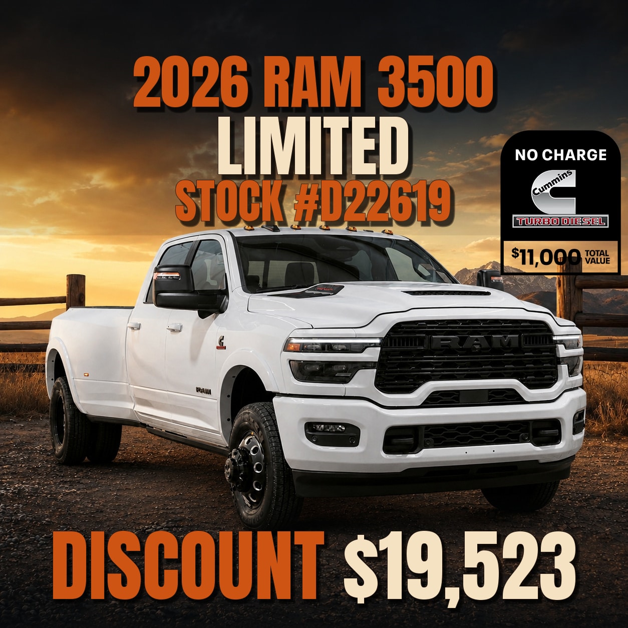 White 2026 RAM 3500 Limited truck ad, stock #D22619, $19,523 discount, no charge Cummins offer.