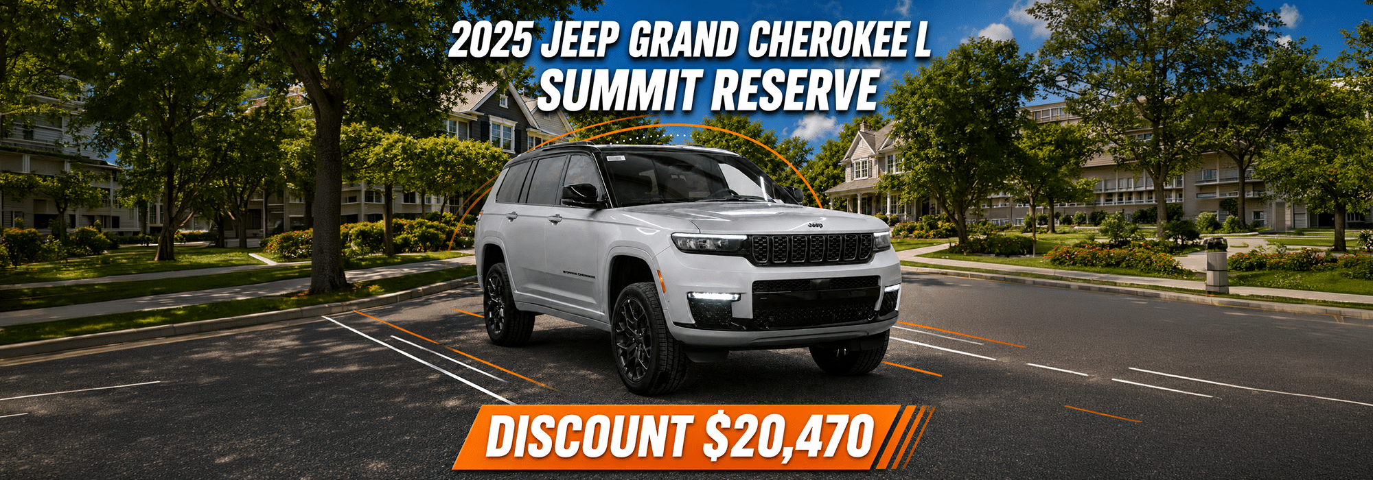 2025 Jeep Grand Cherokee L Summit Reserve, offering a $20,470 discount, in a suburban setting.