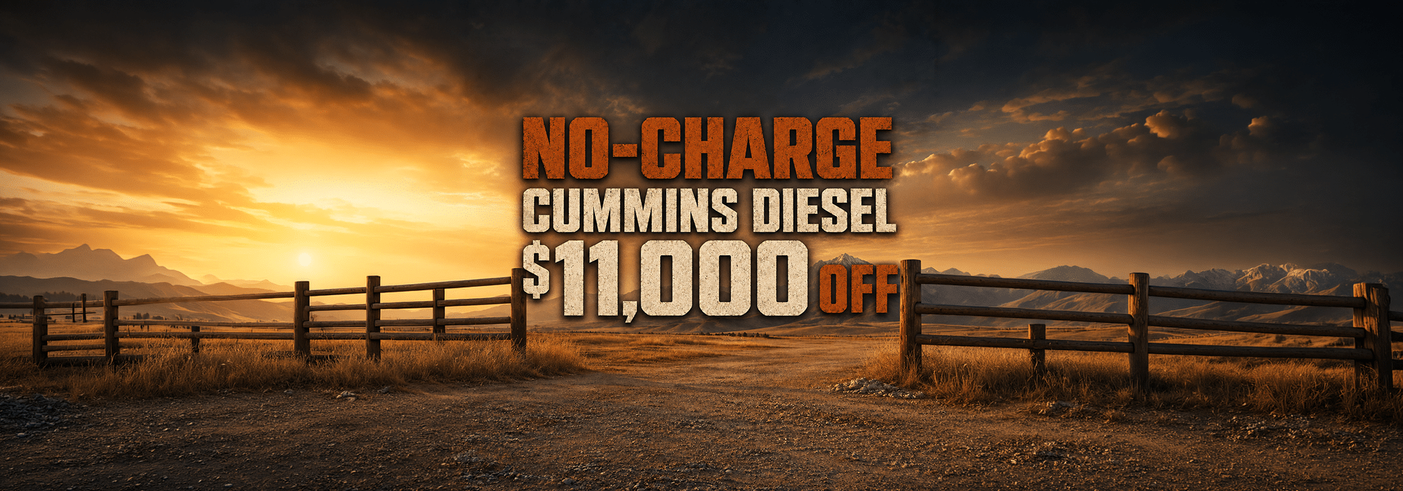 Promo for no-charge Cummins Diesel with $11,000 off, set against a scenic sunset landscape.