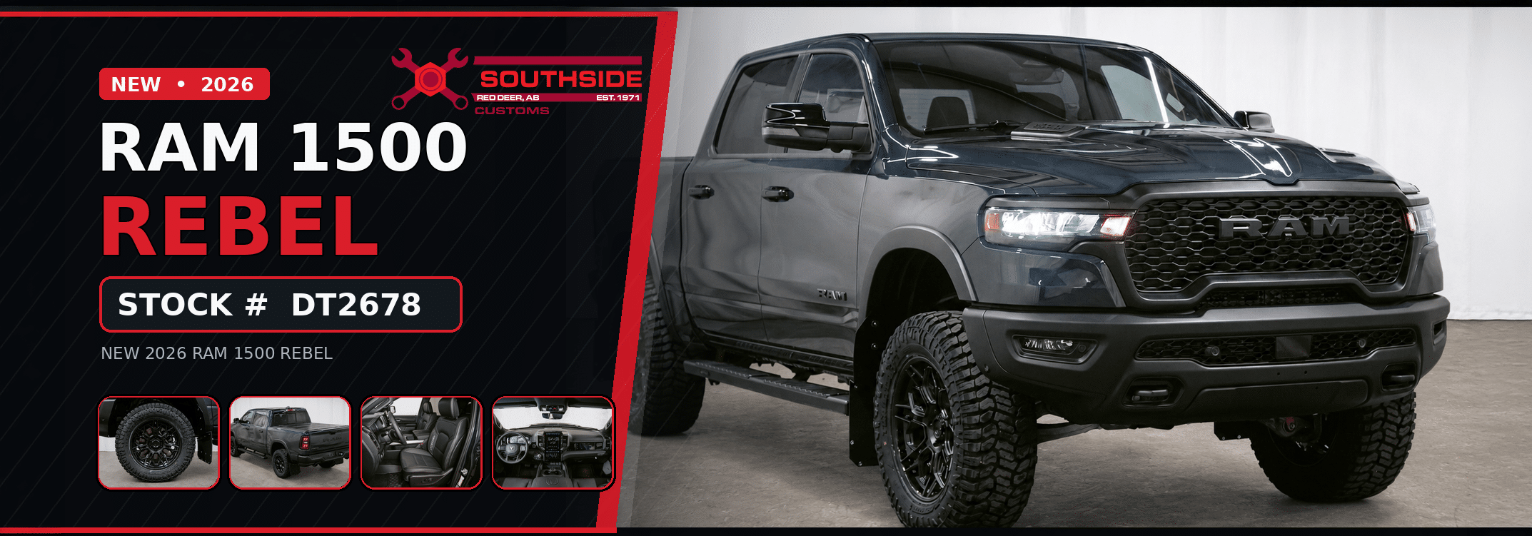 New 2026 RAM 1500 Rebel truck showcased by Southside Customs, stock #DT2678, emphasizing design features.