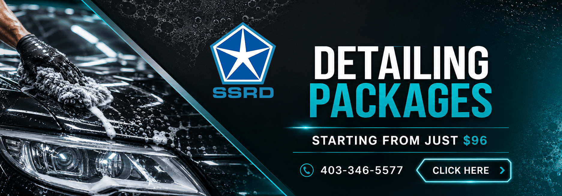 Car detailing advertisement with a gloved hand cleaning a vehicle. Packages start at $96.
