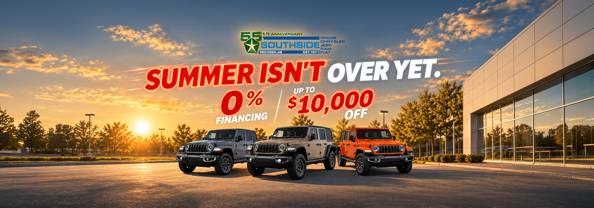 Three Jeeps in a dealership parking lot at sunset. Text: "Summer isn't over yet. 0% financing, up to $10,000 off."