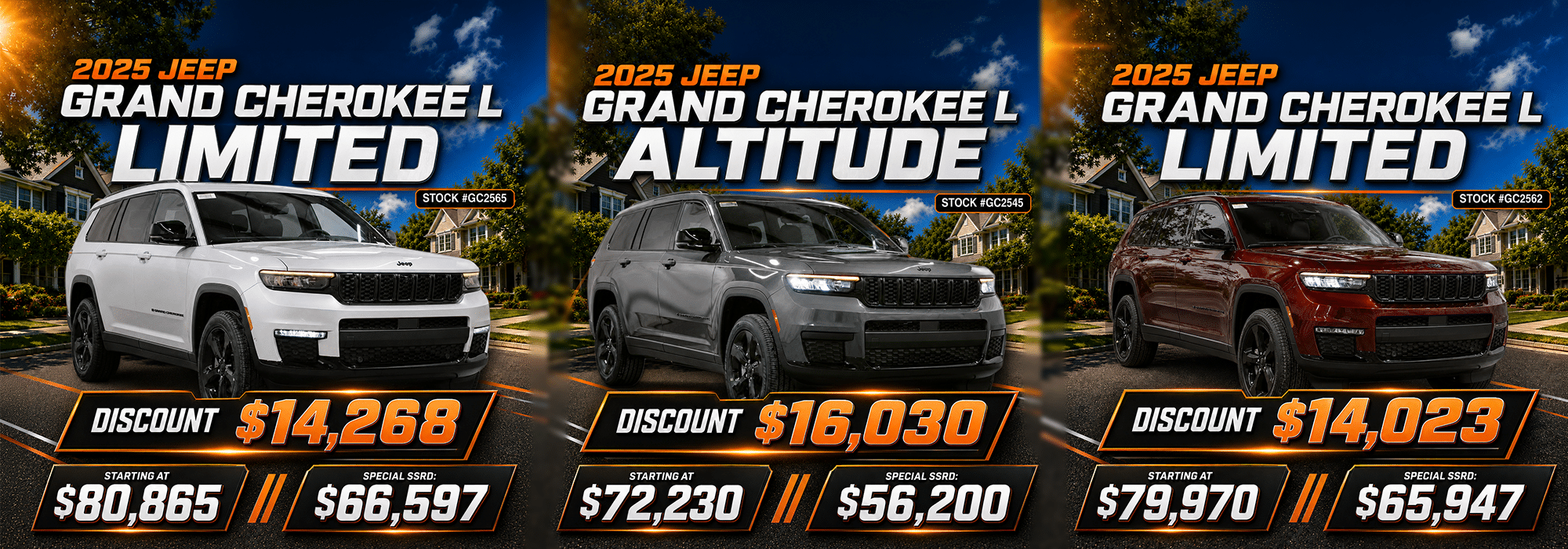 2025 Jeep Grand Cherokee L models with pricing discounts shown, including Limited and Altitude variants.