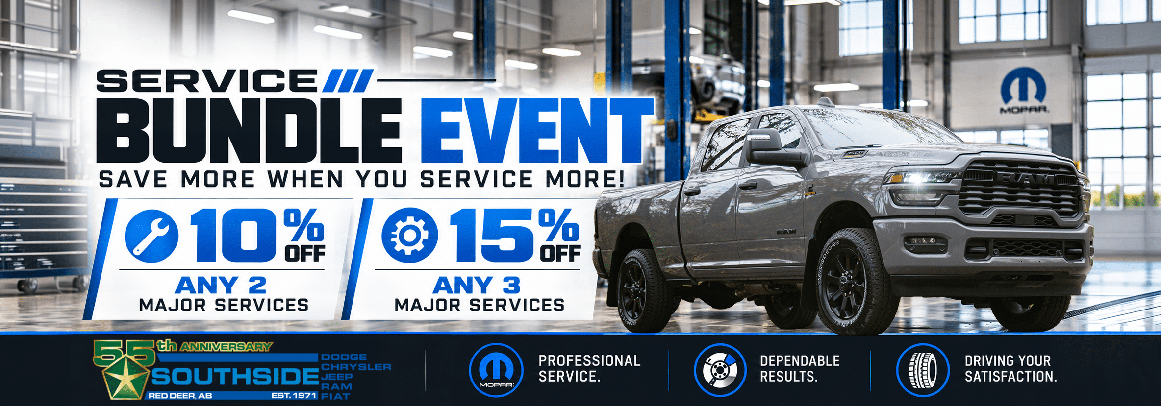 Service bundle event offer: 10% off any 2 services, 15% off any 3. Features grey RAM truck.