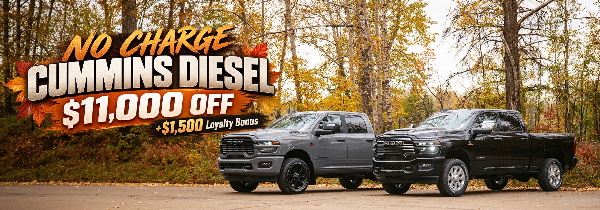 Promo for no-charge Cummins Diesel with $11,000 off, set against a scenic sunset landscape.