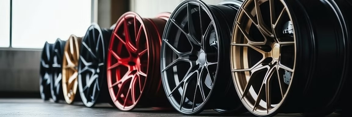 Row of vibrant alloy wheels in red, gold, and black displayed on a showroom floor.