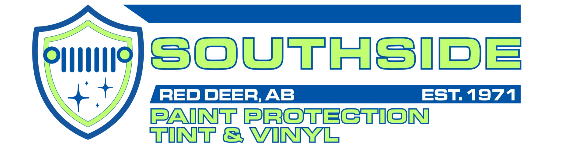 Southside logo with shield graphic promoting paint protection, tint, and vinyl in Red Deer, AB, established 1971.