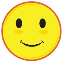Smiling yellow emoji with rosy cheeks and black eyes, expressing happiness.