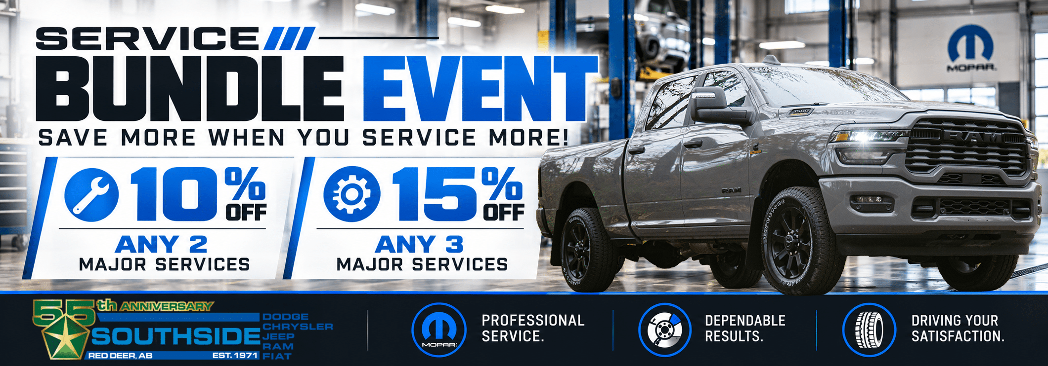 Service bundle event offer: 10% off any 2 services, 15% off any 3. Features grey RAM truck.